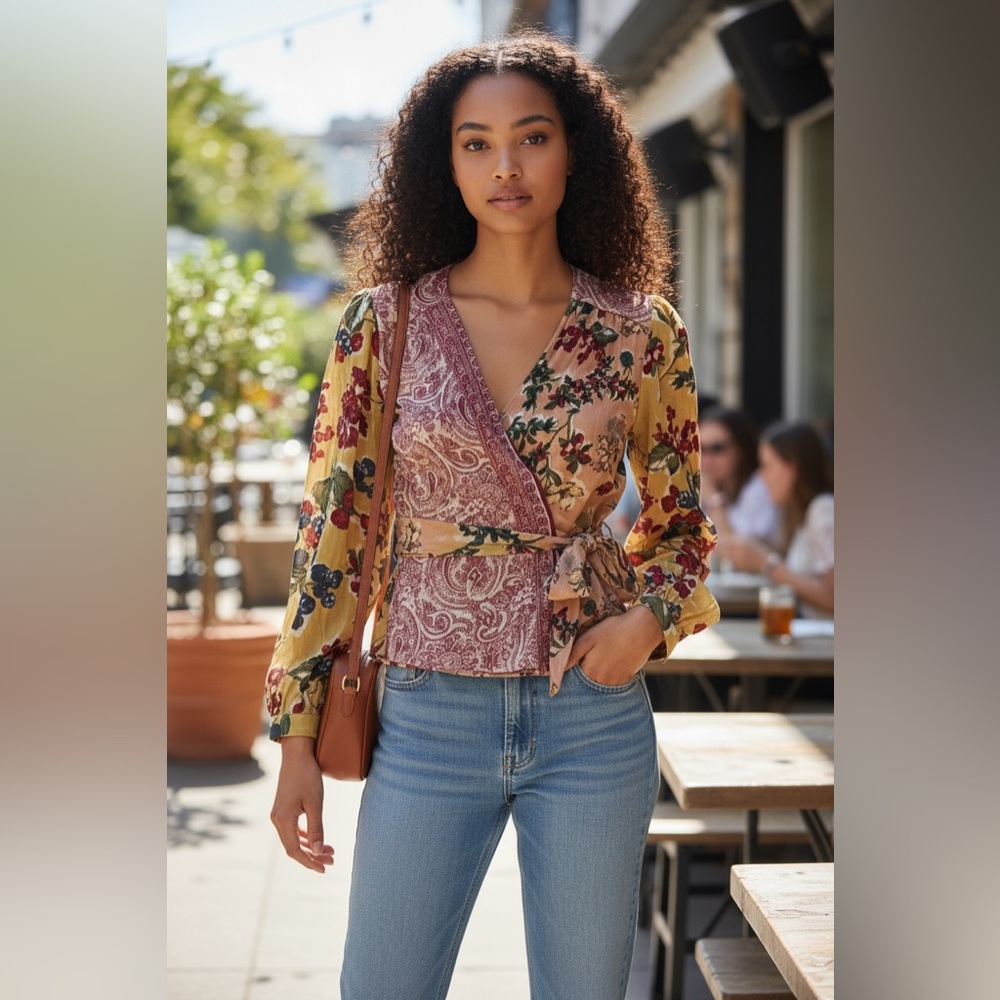 Anthropologie Meadow Rue Floral Patchwork Wrap Blouse - Yellow, Pink, Black